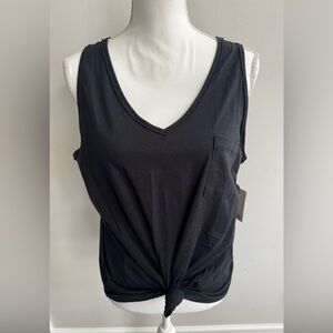 SO Black V-Neck Tank Top with Knot Detail and Front Pocket